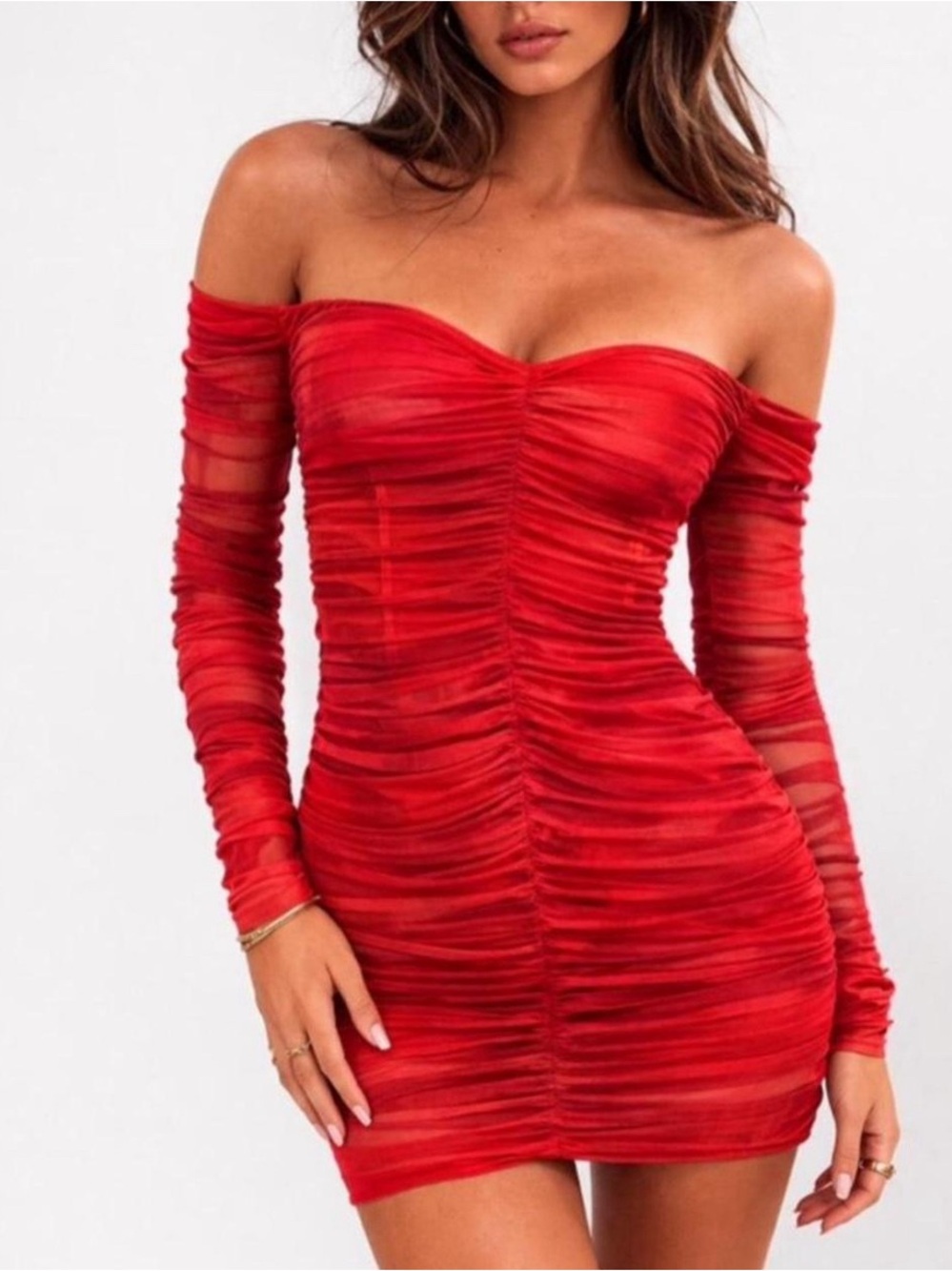 Off-Shoulder Red Ruched Bodycon Dress